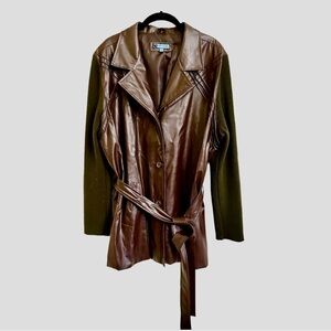 ENDURANCE, FAUX BROWN LEATHER BELTED COAT WITH BROWN SWEATER SLEEVES. SIZE 1X